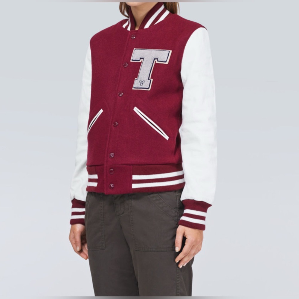 TNA Aritzia Varsity Spee Leather Bomber Varsity Burgundy Jacket